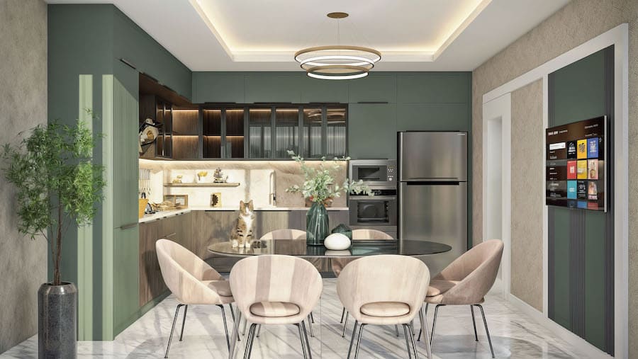 Необычная форма не только эффектно выглядит, но и оставляет достаточно места для свободного перемещения вокруг стола Современная кухня, стол прозрачный овальной формы, кошка, цветы в вазе, мягкие стулья, встроенная мебель