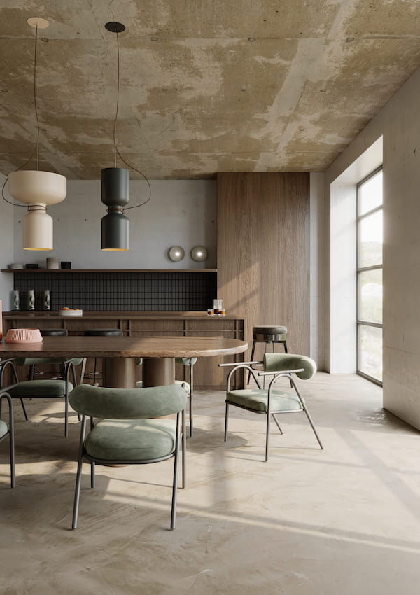 Эргономичные модели с мягкими сиденьями и поддерживающими спинками позволят вам и вашим гостям наслаждаться долгими трапезами без дискомфорта Пространство кухни, стол из натурального дерева, удобные зеленые стулья, брутальные светильники