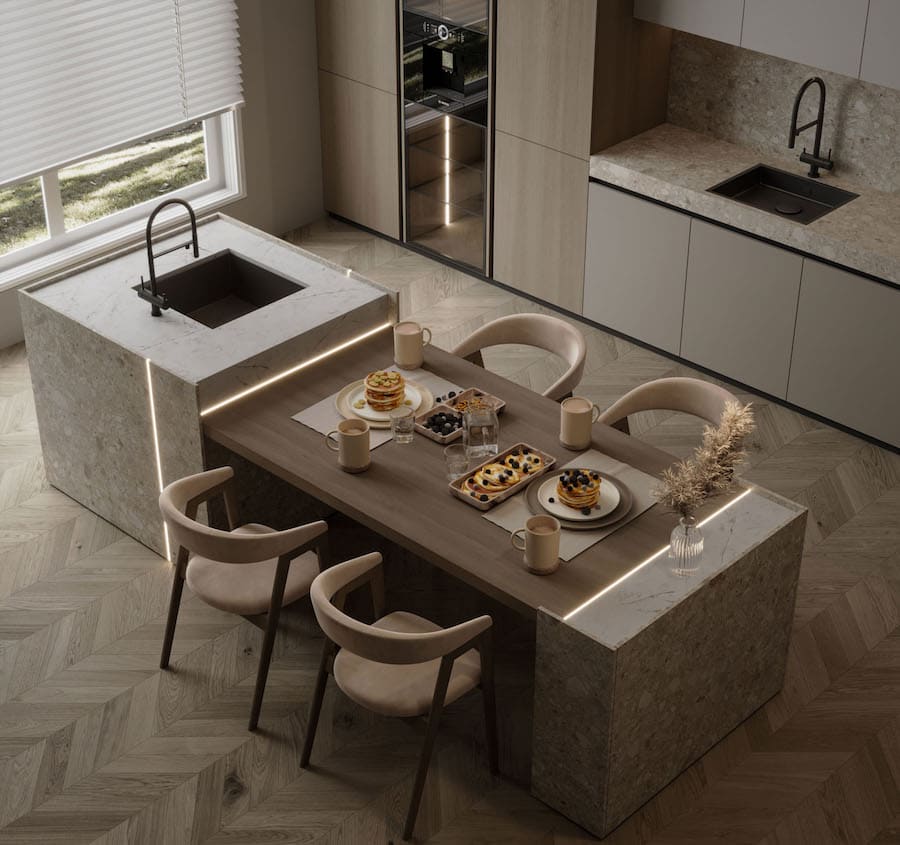 Высококачественная негромоздкая мебель цвета Mocha Mousse, функциональная продуманность кухонной зоны обеспечивает комфорт всем членам семьи Современная кухня, островок совмещен с обеденным столом, встроенная мебель, Led-подсветка