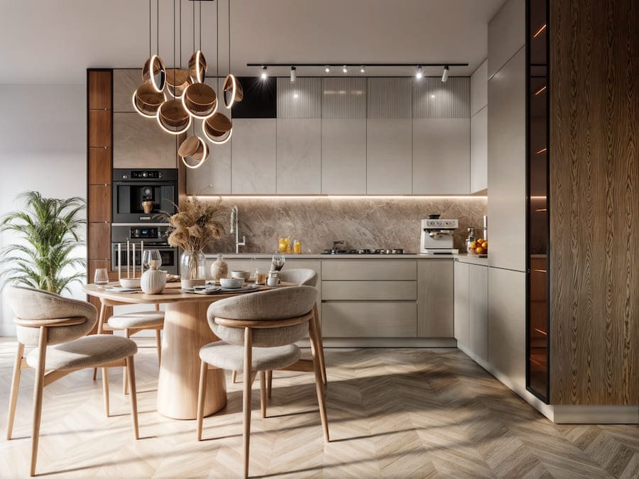 Цветовая гамма, стилистика помещения, мебель с комбинированными материалами создают гармоничную уютную атмосферу Кухня в бежево-коричневых тонах, стол с закругленными углами на толстой ножке, мягкие стулья, эффектный подвесной светильник