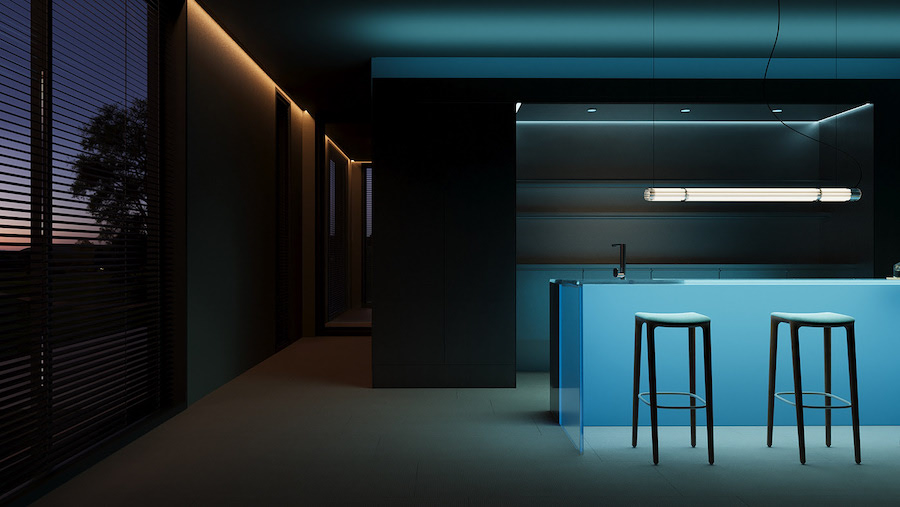 Эффектная синяя подсветка для открытой кухни-гостиной