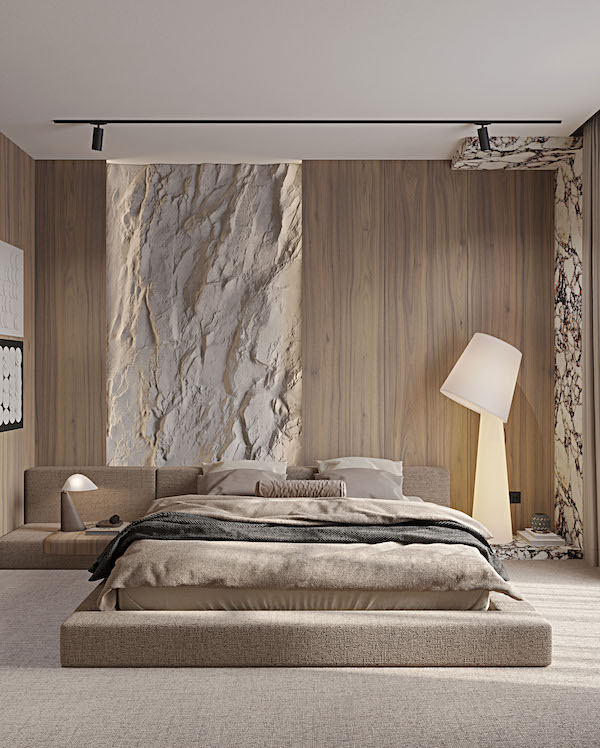 Спальня со стеной с эффектом необработанного камня
