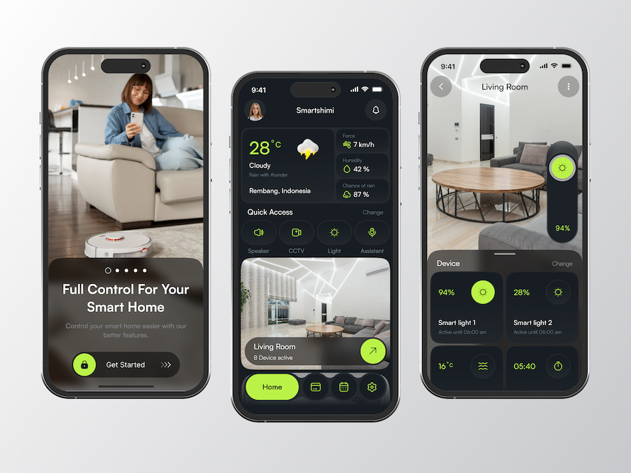 Изображения трех экранов смартфонов с приложением умный дом