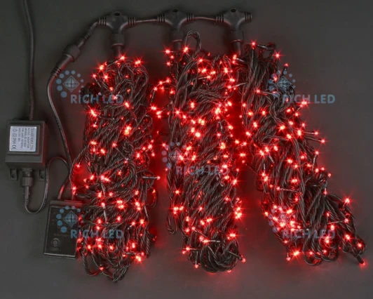 RL-T3*20N2-B/R Гирлянда светодиодная красная 8 режимов свечения 24B, 600 LED, провод черный, IP54 RL-T3*20N2-B/R Rich LED