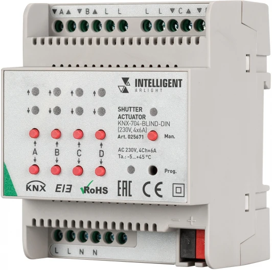 025671 INTELLIGENT Контроллер штор KNX-704-BLIND-DIN (230V, 4x6A) (IARL, Пластик) 025671