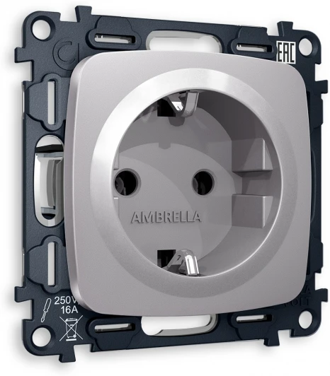 MO506010 Комплект механизма Ambrella Volt электрической розетки OMEGA MO506010 Сталь матовый с заземлением на винтовых зажимах 2P+E 16A-250V QUANT