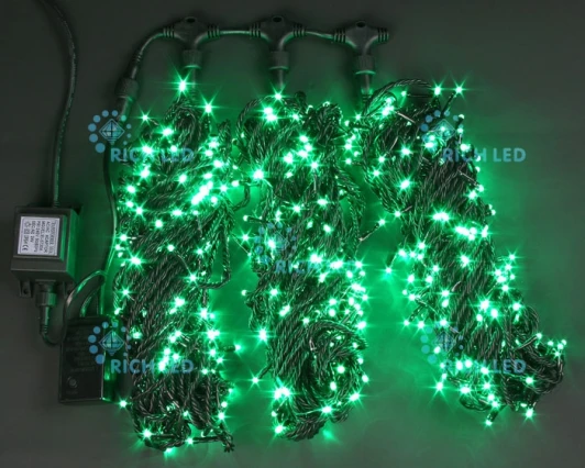 RL-T3*20N2-B/G Гирлянда светодиодная зеленая 8 режимов свечения 24B, 600 LED, провод черный, IP54 RL-T3*20N2-B/G Rich LED