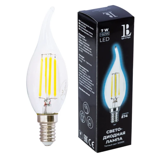 E14-7W-WW-flame filament_lb Лампочка светодиодная филаментная свеча на ветру прозрачная E14 7W 220V 600 lm 3000K теплый белый свет L&B E14-7W-WW-flame filament_lb