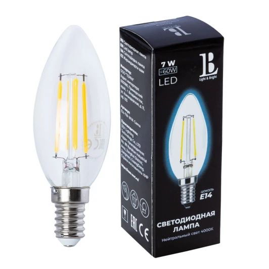 E14-7W-NH-candle filament_lb Лампочка светодиодная филаментная свеча прозрачная E14 7W 220V 600 lm 4000K холодный белый свет L&B E14-7W-NH-candle filament_lb