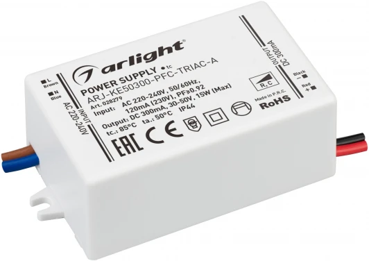 028279 Блок питания ARJ-KE50300-PFC-TRIAC-A (15W, 300mA) (IP44 Пластик) 028279 Arlight ARJ